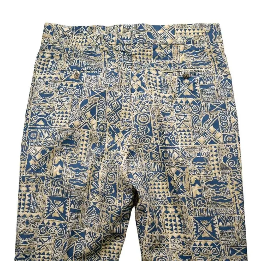 Mens Gurkha Pants 38 Blue Beige Block Print Chino Trousers Flat Front Straight